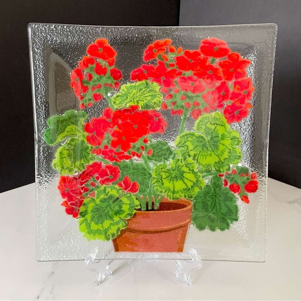 Red Geranium Square Plate by Peggy Karr